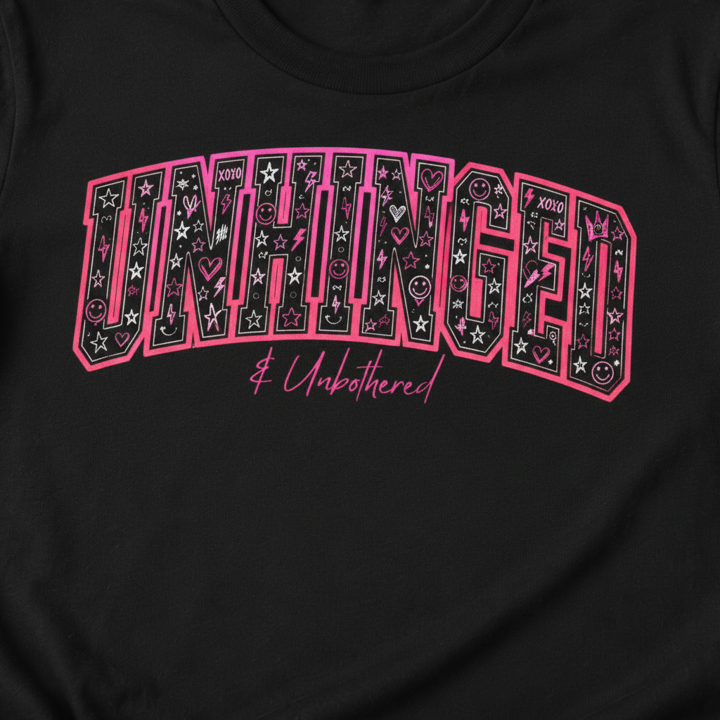 Close-up graphic detail - Unhinged & Unbothered Tee